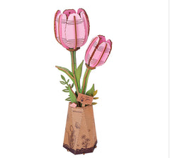 Rolife Rowood Pink Tulip DIY Flower 3D Wooden Puzzle