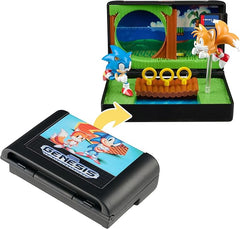 Sonic The Hedgehog 2 Collectible Diorama Playset – Mini Sonic & Tails Figures with Emerald Hill Zone Scene – Retro SEGA Genesis Cartridge