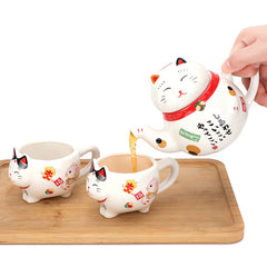 Japanese Lucky Cat Tea Set Ceramic Maneki Neko Teapot, 2 Teacups