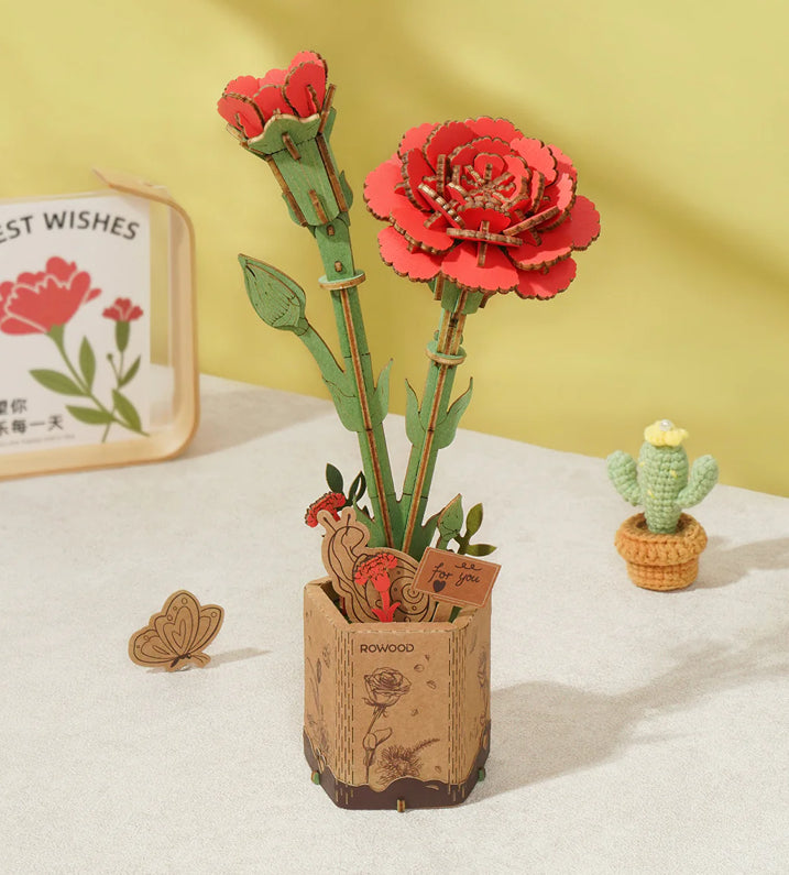 Rowood Red Carnation DIY Wooden Flower Bouquet 3D Wooden Puzzle