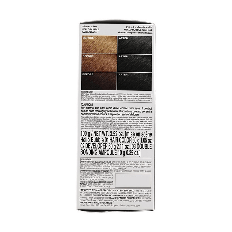 Hello Bubble Hair Dye, Easy Hair Coloring, 3.52oz. #5A Dark Ash [2 Boxes of Medium-Long Hair Value Pack]