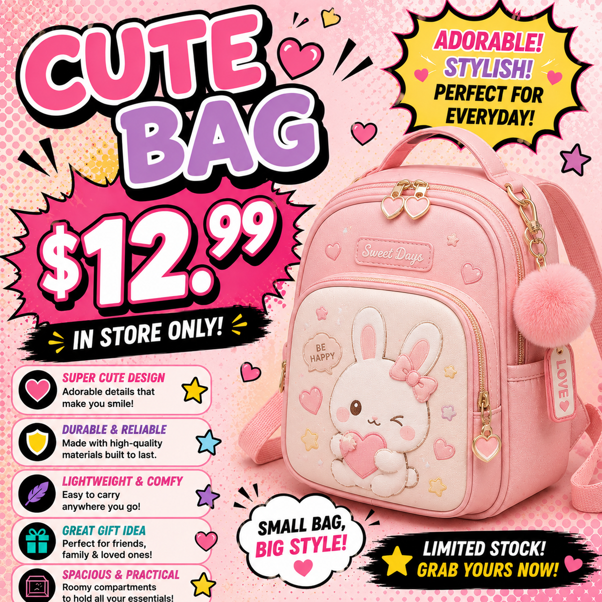 CUTE BAG FOR  $12.99 (IN STORE ONLY)
