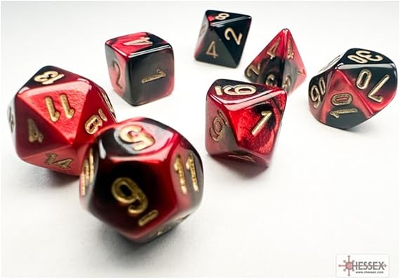 Black and Red Gemini Mini Dice with Gold Colored Numbers 10mm (3/8in) Set of 7 Chessex