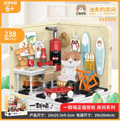City Street View Creative Kitten House Building Blocks DIY Puzzle Desktop Ornament Cute Toys Bricks Children Birthday Gift (Fried dough )