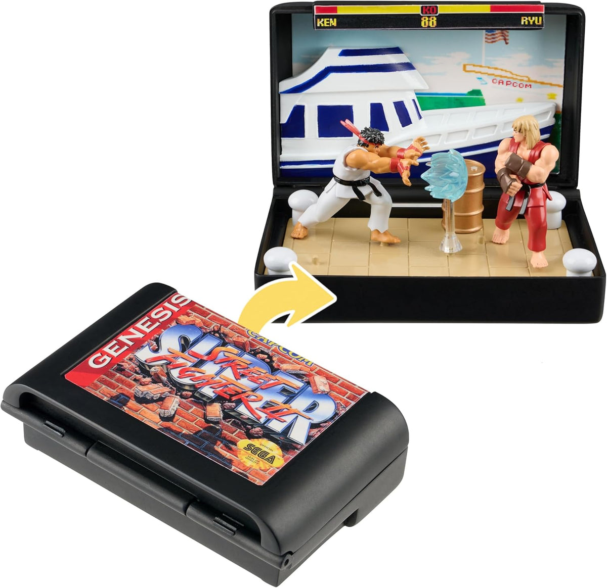 Super Street Fighter II Collectible Diorama – Mini Ryu & Ken Figures with Dock Stage Scene – Retro SEGA Genesis Cartridge Display & Playset