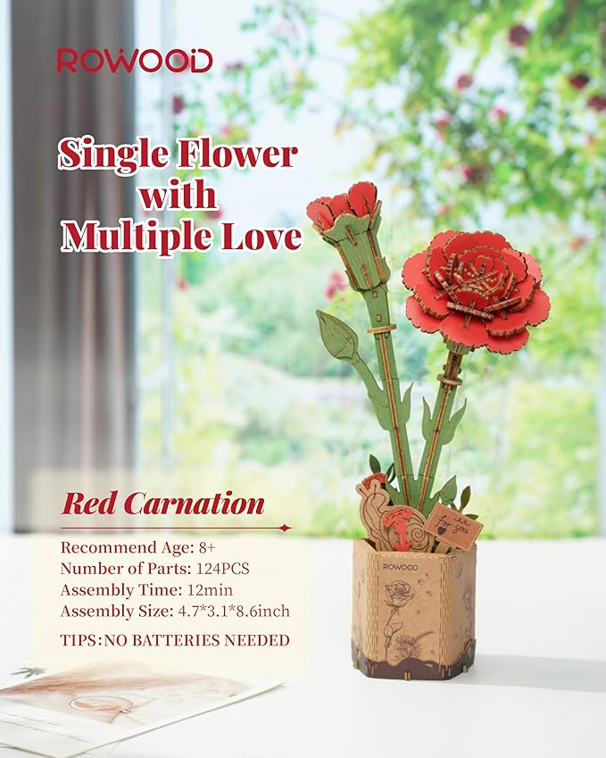 Rolife Rowood Red Camellia DIY Wooden Flower 3D Puzzle