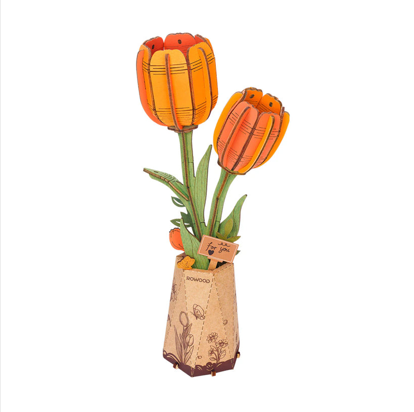 Rolife Rowood Orange Tulip DIY Wooden Flower 3D Puzzl