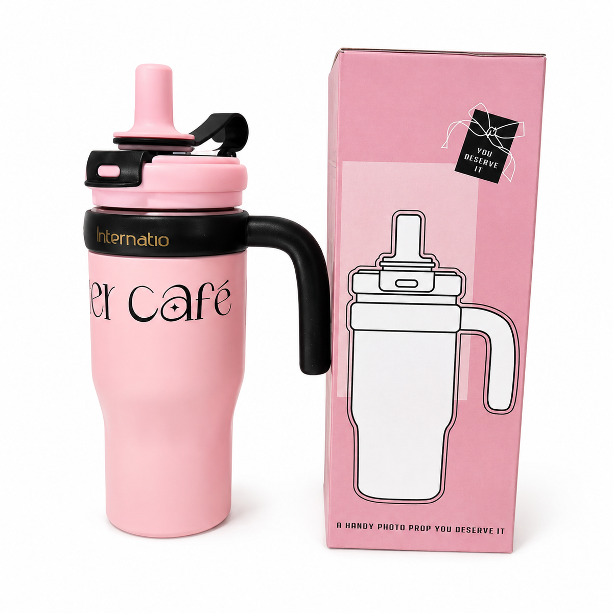 550ml Stainless Steel Insulated Travel Mug with Handle and Straw Lid - PINK