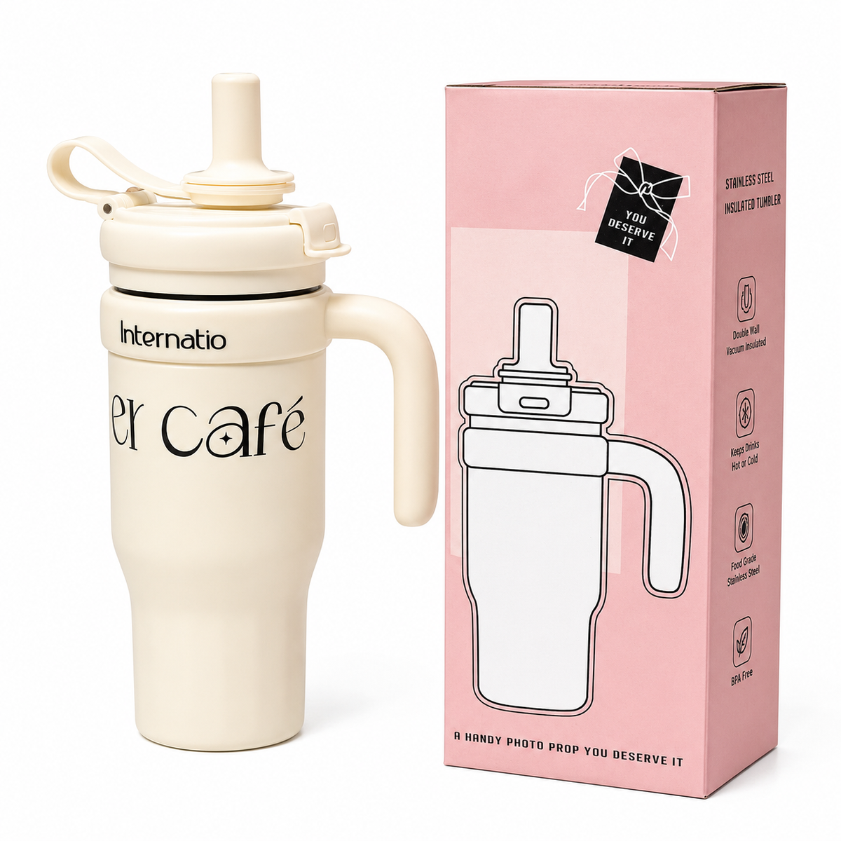 550ml Stainless Steel Insulated Travel Mug with Handle and Straw Lid - WHITE