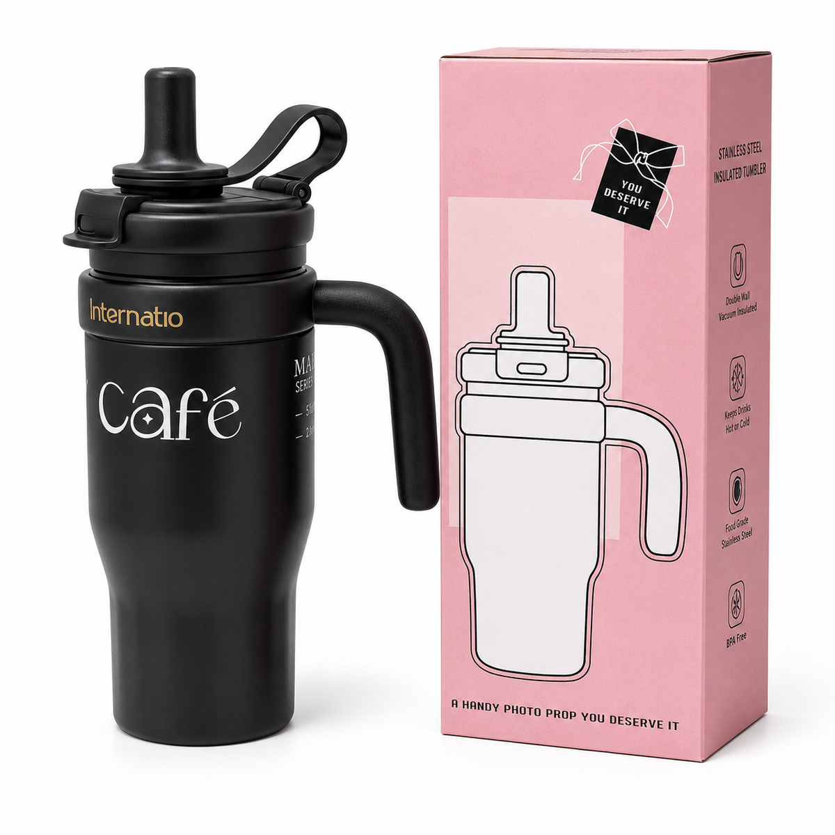 550ml Stainless Steel Insulated Travel Mug with Handle and Straw Lid - BLACK